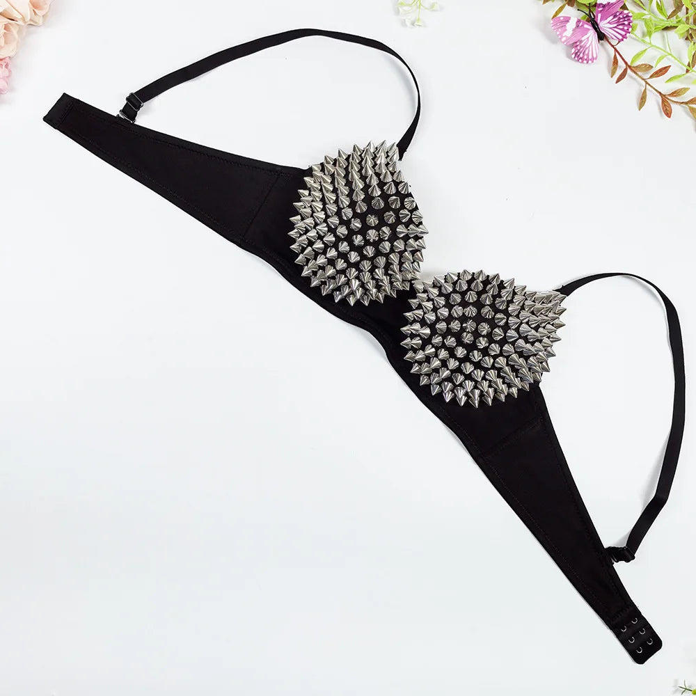 Sexy Rivets Punk Lingerie Underwear,Fashion Metallic Flash Rivet Bra with Wire Free for Women,Nightclub Party Bar Hot Bras