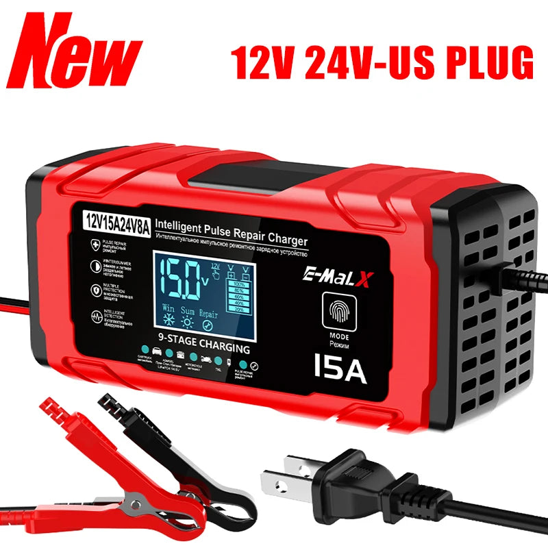 14.6V 15A Lifepo4 Battery Smart Pulse Repair Charger 12V 15A 24V 8A Electric Motorcycles Charger For Lead Acid AGM GEL Battery