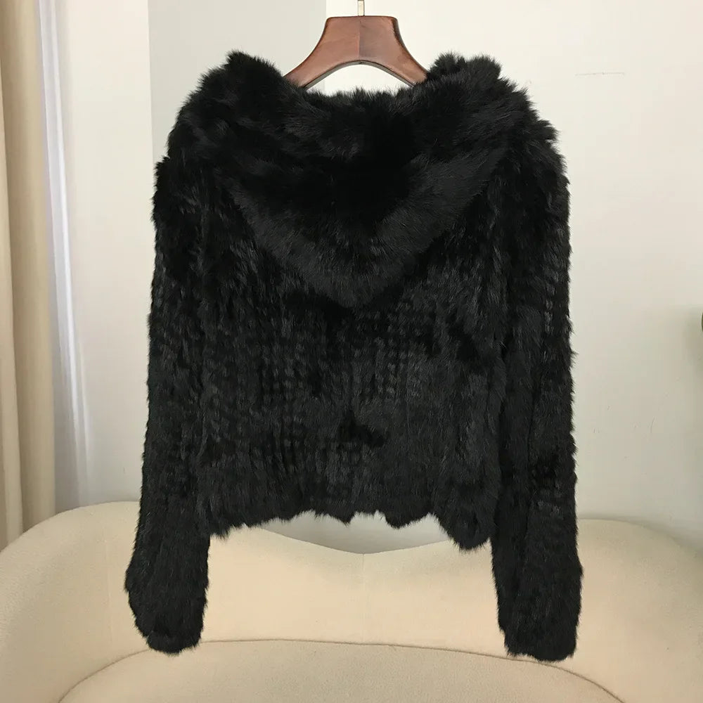 2024 Short Rabbit Fur Coat for Women Autumn Winter New Encrypted Thickened Handmade Double-sided Woven Hooded Korean Style