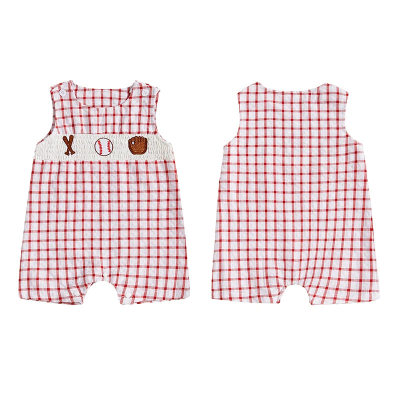 Newborn Baby Boy Girl Baseball Outfit Sleeveless Overalls Romper Smocked Baseball Bubble Summer Plaid Bodysuit