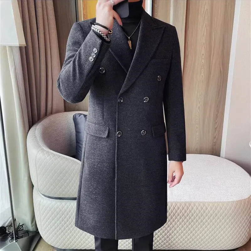 Autumn Winter Vintage Men's Woolen Long Coat Fashion Lapel High Quality Double Breasted Formal Men Slim Fit WindBreaker Overcoat