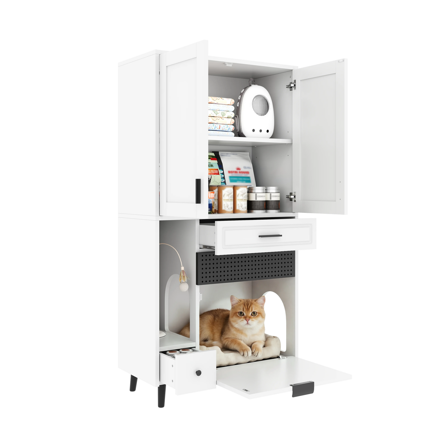 Multifunctional Cat Storage Cabinet with Stable Construction, Adjustable Shelves, Drawers, and Cat Bed Area – Cozy Activity Space for Cats, Pet Furniture with Arch Openings