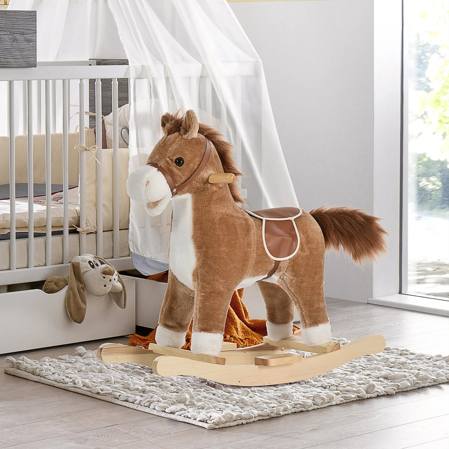 Children's Rocking Horse, Comfortable and Soft, Short Plush, Poplar, Brown, 65 L X 32.5 L X 61 H cm, Children's Rocking Horse, Toy Rocking Horse, Riding Rocking Horse, Children's Toy Rocking Horse