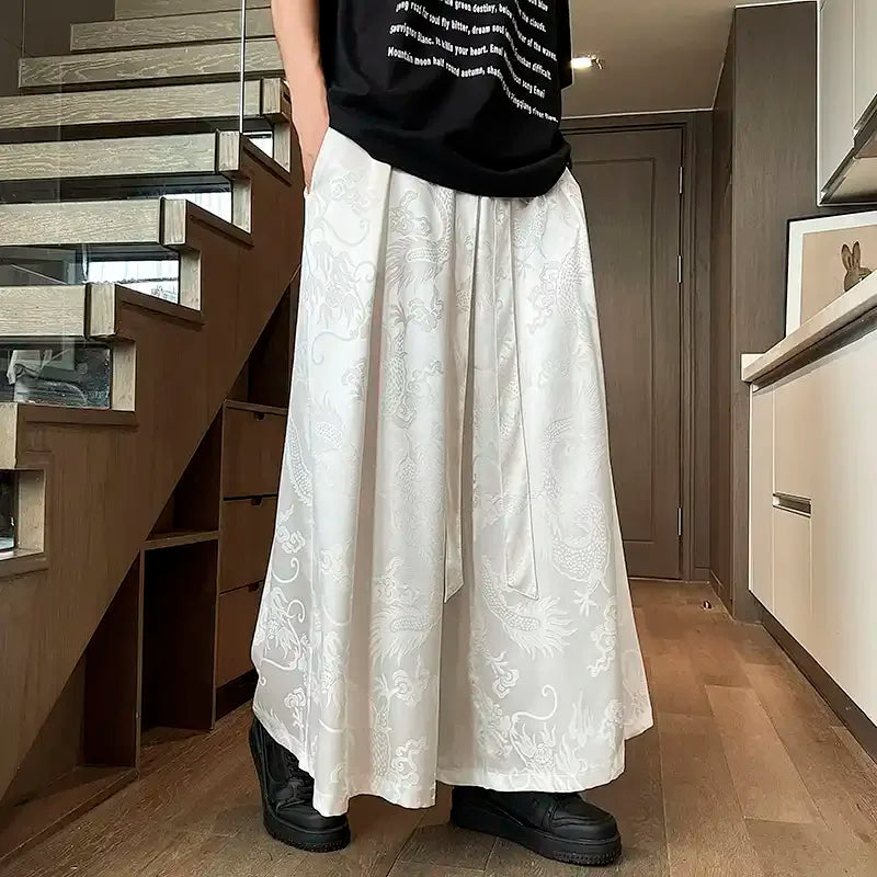 Men's Black Dragon Jacquard Wide-Leg Pants - New Chinese Style Satin Belted Trousers