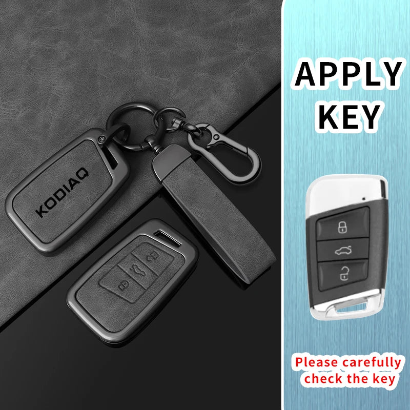 Leather Car Key Case Cover Shell Holder for Skoda Kodiaq Remote Control Key Cover Metal Housing Keyless Protector Accessories