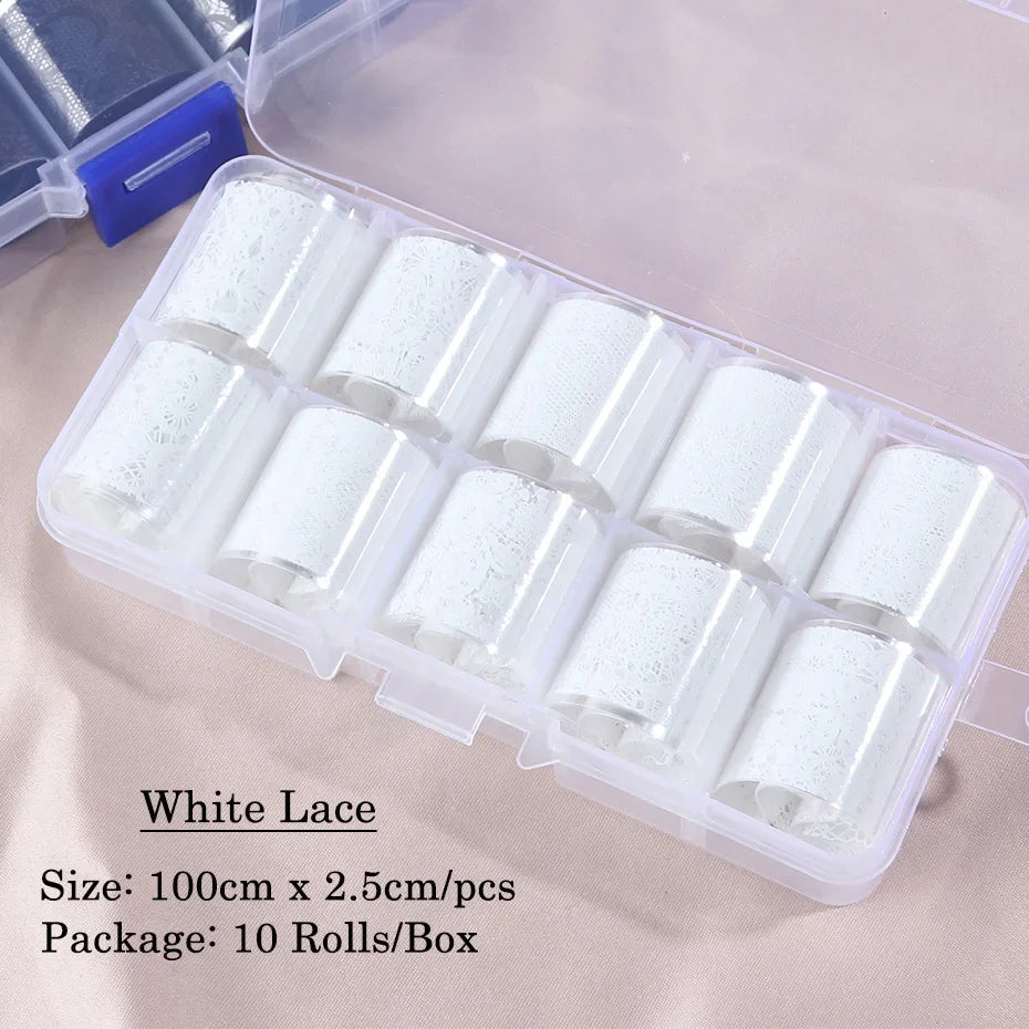 10 Rolls/Box White Black Lace Nail Art Foils Set Nail Transfer Sticker Paper DIY Manicure Nail Decoration Accessories