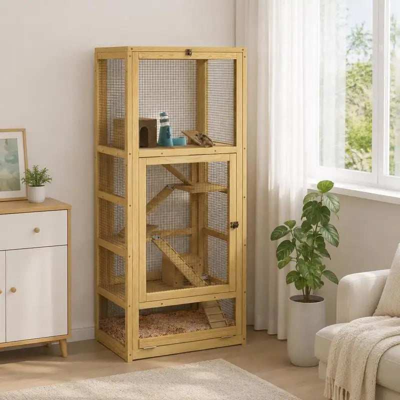 Cage for hamsters or small animals in wood 5 levels with niche balançoire 54 x 38 x 131 cm natural