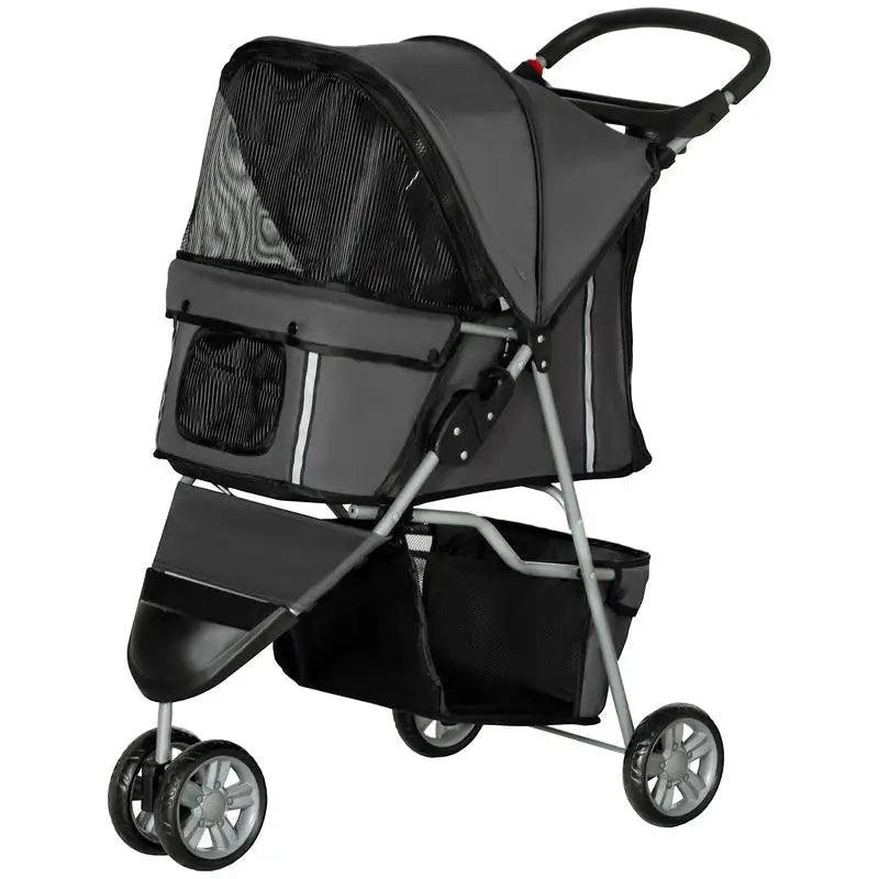 3 Wheel Pet Stroller for Small Dogs and Cats, Foldable Travel Pram with Breathable Mesh and Storage Bag, Sturdy Steel Frame for Walking, Charcoal Grey, 75x45x97 cm, Sturdy, Lightweight, Comfortable, Safe, Space Saving