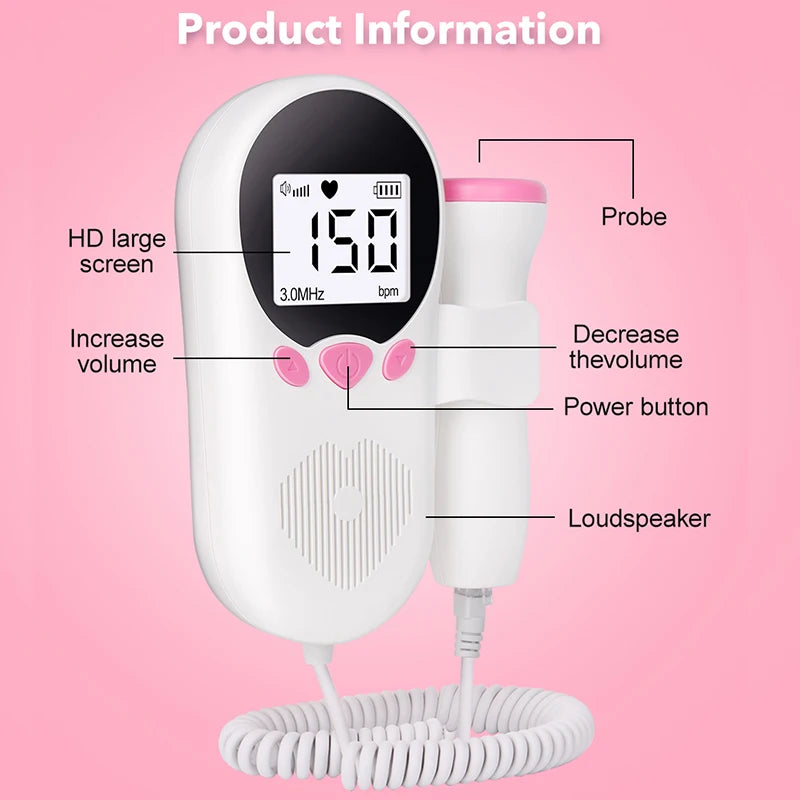 Home Doppler Fetal Heart Rate Monitor Baby Pregnancy Heartbeat Detector LCD Backlight No Radiation Stethoscope Pulse Meter 3MHz