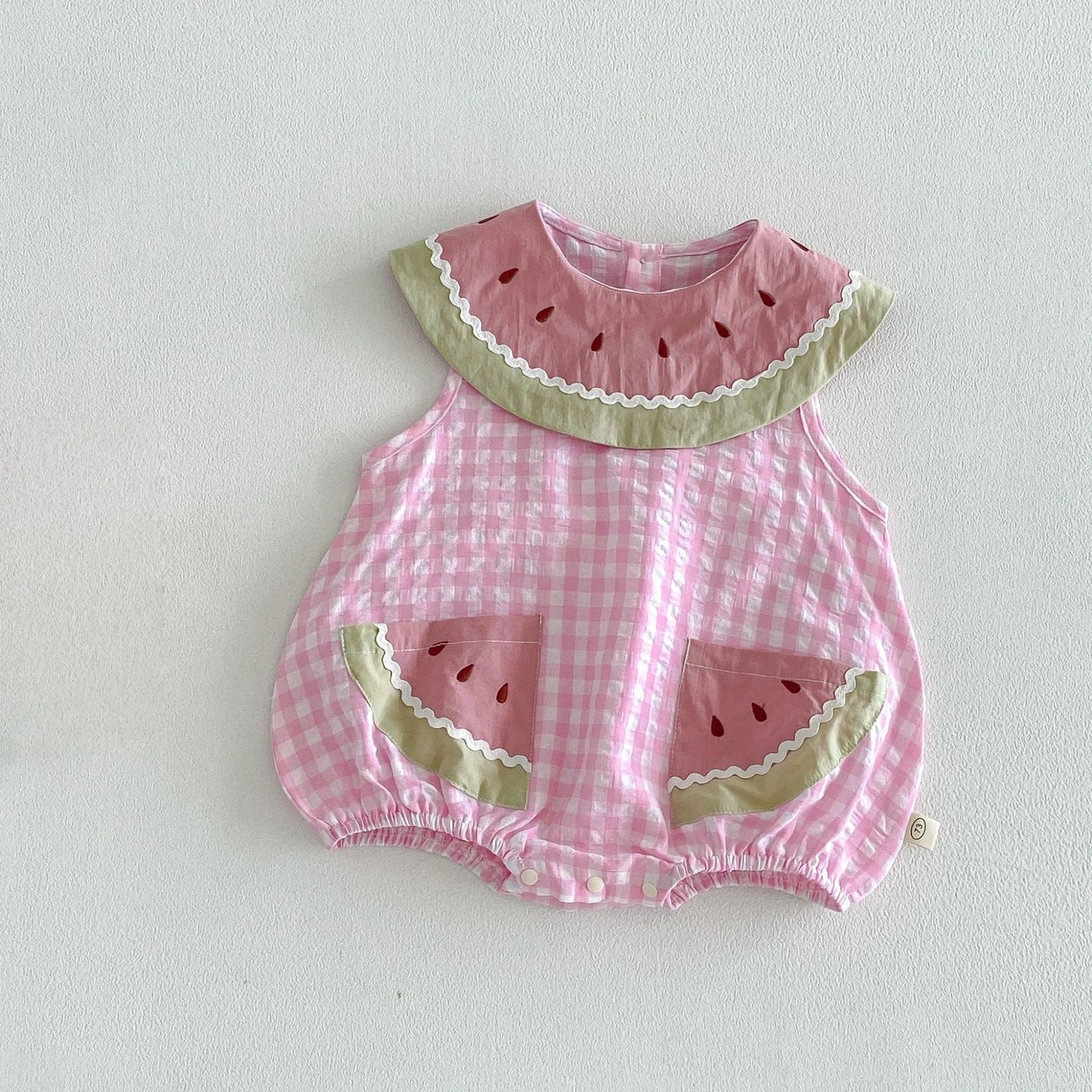 2026 Summer Childrens Clothes Watermelon Collar Baby Bodysuit with Patch Pockets Pink-white Check Girls Dress