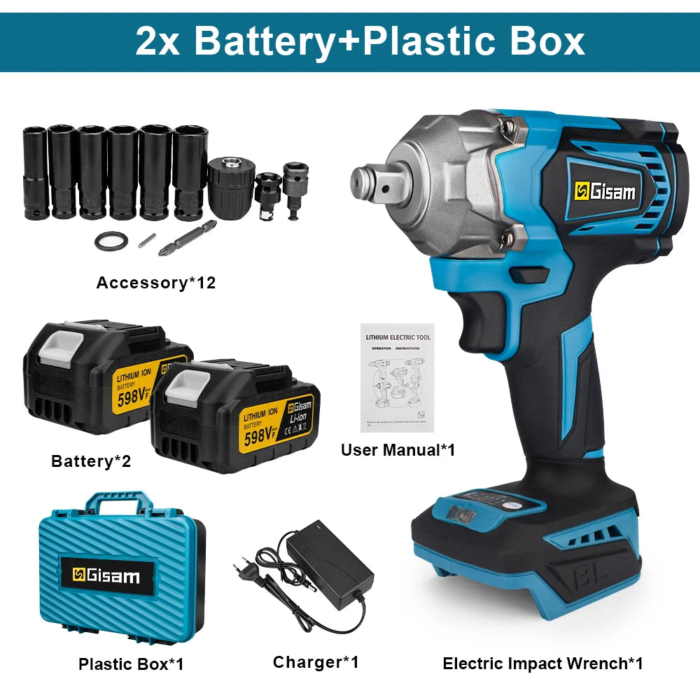 Gisam 1200NM Brushless Electric Impact Wrench Rechargeable Wrench 1/2" Car Tires Cordless Power Tools For Makita 18V Battery Pin