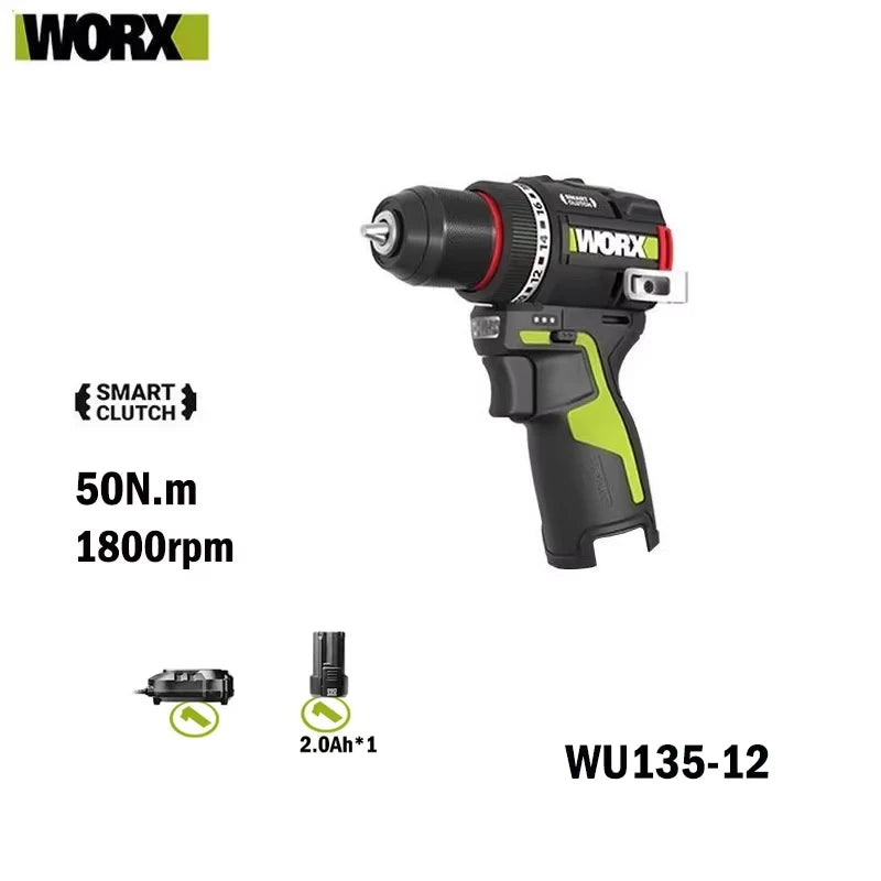 WORX WU135 Cordless Electric Drill 12V 50Nm 1800rpm Brushless Motor for Home Improvement Carpentry Metalworking Smart clutch