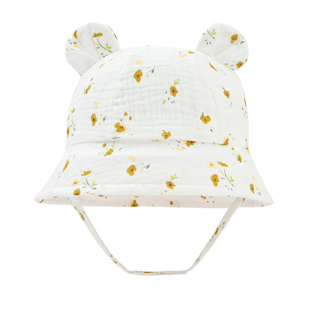 Baby Cotton Sun Hat New Children Outdoor Rabbit Ear Beach Caps Boy Girl Print Panama Hat Unisex Beach Bucket Hat For 3-12 Months
