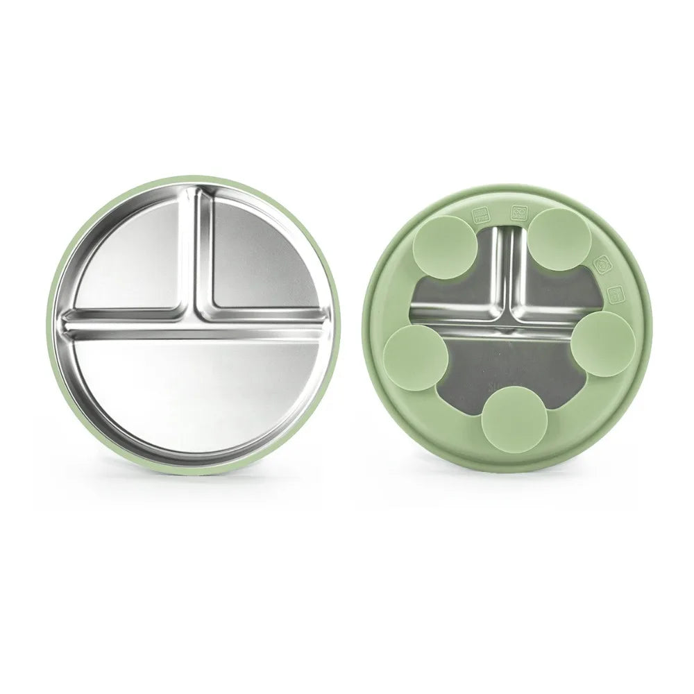 New Non-Slip Stainless Steel Kids Plate with Suction Anti Breakage Divided Baby Plates Silicone Sleeves Removable Toddler Bowls