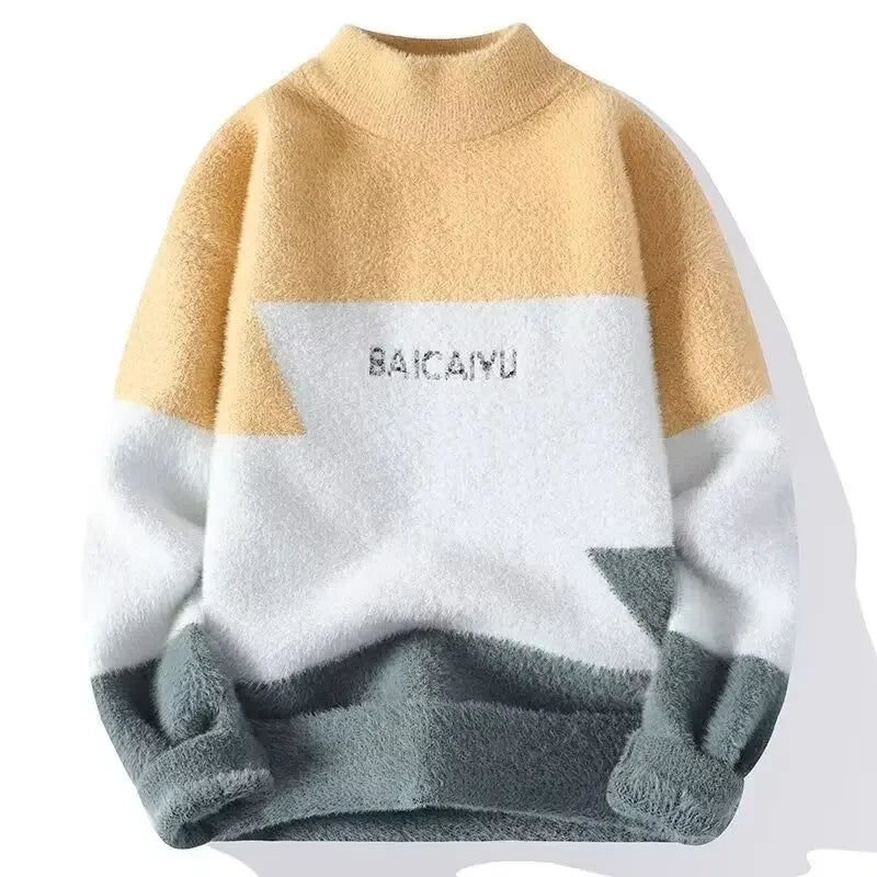 New Men's Plush Sweater Pullovers Korean Winter Warm O Neck Colorblock Sweater High Quality Cool Top Fashionable Men's Clothing