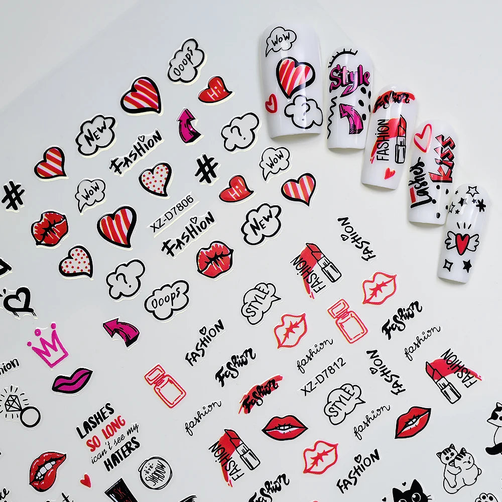 30pcs/set 3D Cartoon Cat Nail Art Stickers Black Graffiti Animal Bow Star Heart Nail Decals Kawaii Self-adhesive Manicure Slider
