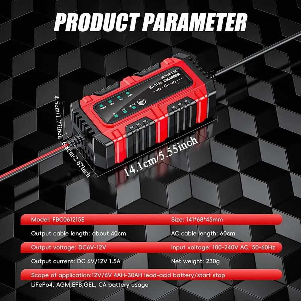 Motorcycle Battery Charger 6V/12V Auto Charging Maintainer Trickle Charger for Car Battery for Boat RV Truck Lawn Mower Golf