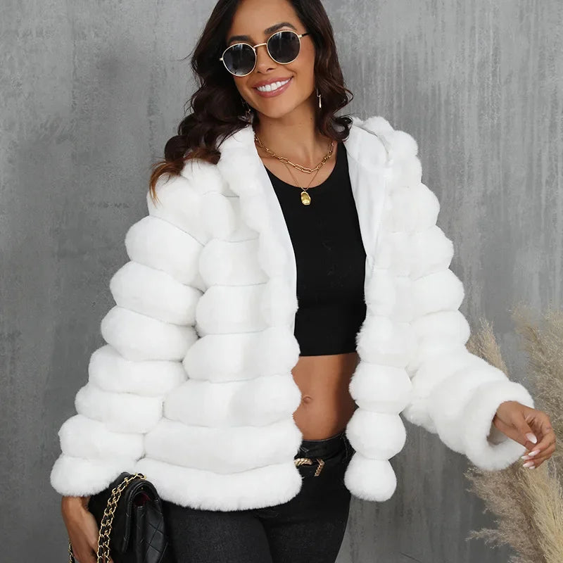 2026 Faux Fur Women Coats Hooded Full Sleeve Short Coat Zipper Thick Warm Solid Temperament Elegant Splice Autumn Winter