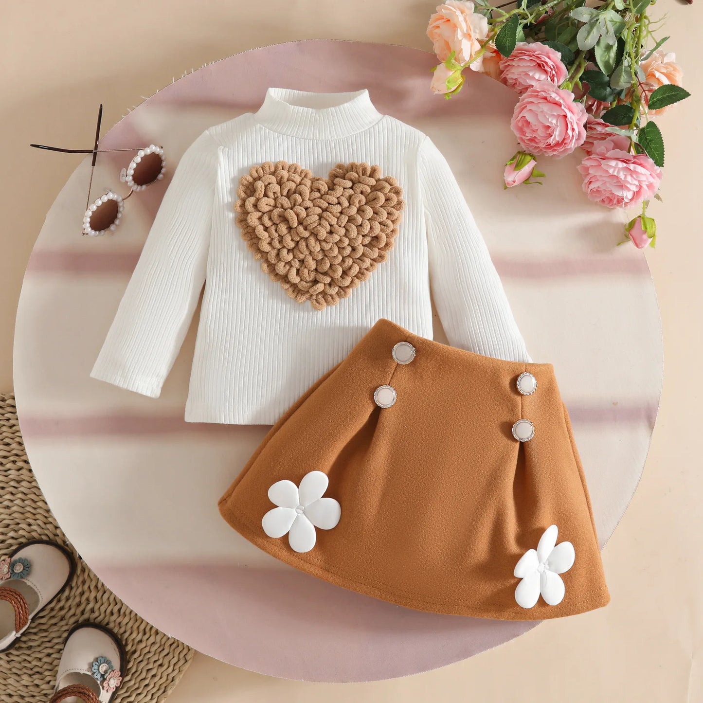 0-3Y Baby Girl Outfit Set 2pcs Puffy Sleeve Heart Shape Top and Corduroy Skirts Valentines Day Sweet Toddler Kids Clothes Girls