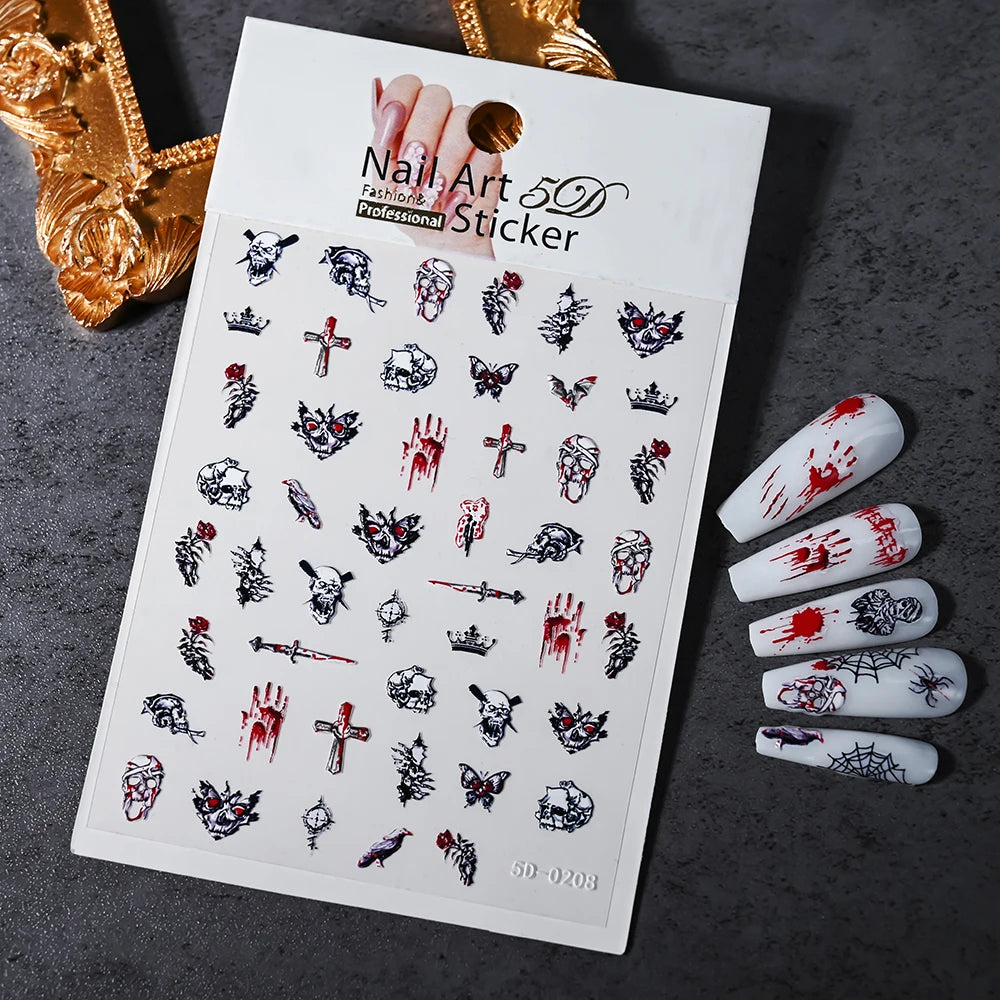 1sheet 5D Halloween Nail Stickers Pink/Green/Black Cartoon Pattern Nail Art Slider DIY For Sweet Cool Girl Cute Nail Decoration