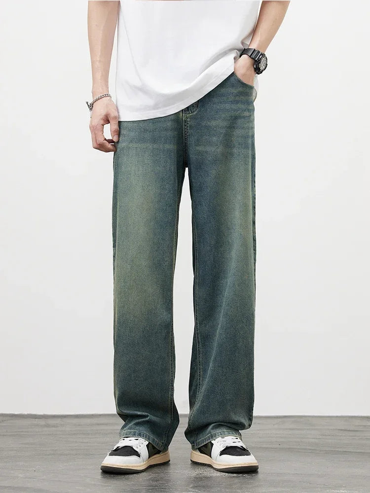 2025Spring Autumn New Men Straight Vintage Fit Jeans Casual Trousers High Quality Male Korean Fashion Baggy Wide Leg Denim Pants