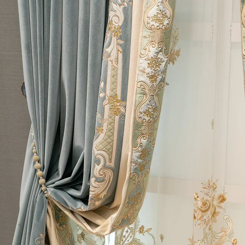 European Embroidered Thickened Blackout Blue Velvet Curtains for Living Room Bedroom Blackout Lace Luxury Valance Tulle Custom