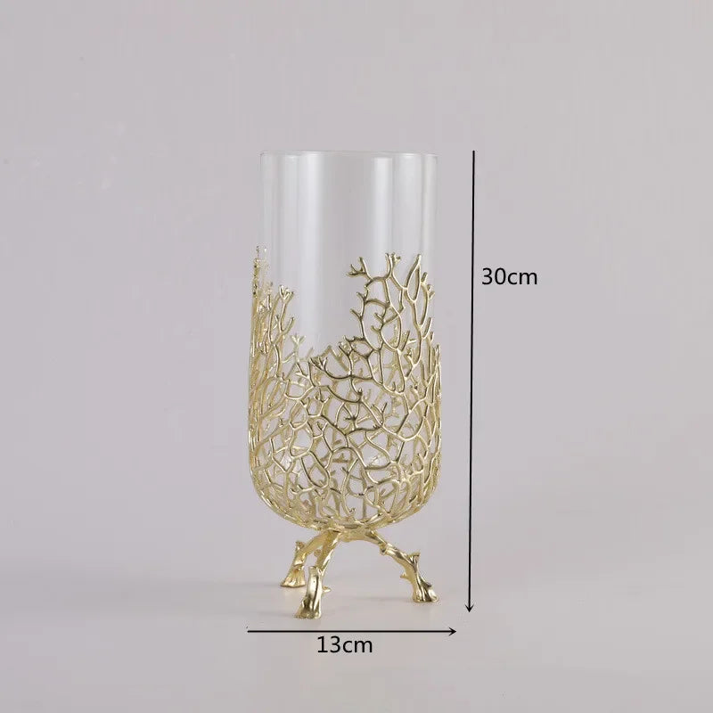 Gold Hollow Coral Vase Transparent Glass Vase Ornament Metal Rack Living Room Hydroponic Flower Arrangement Home Decoration