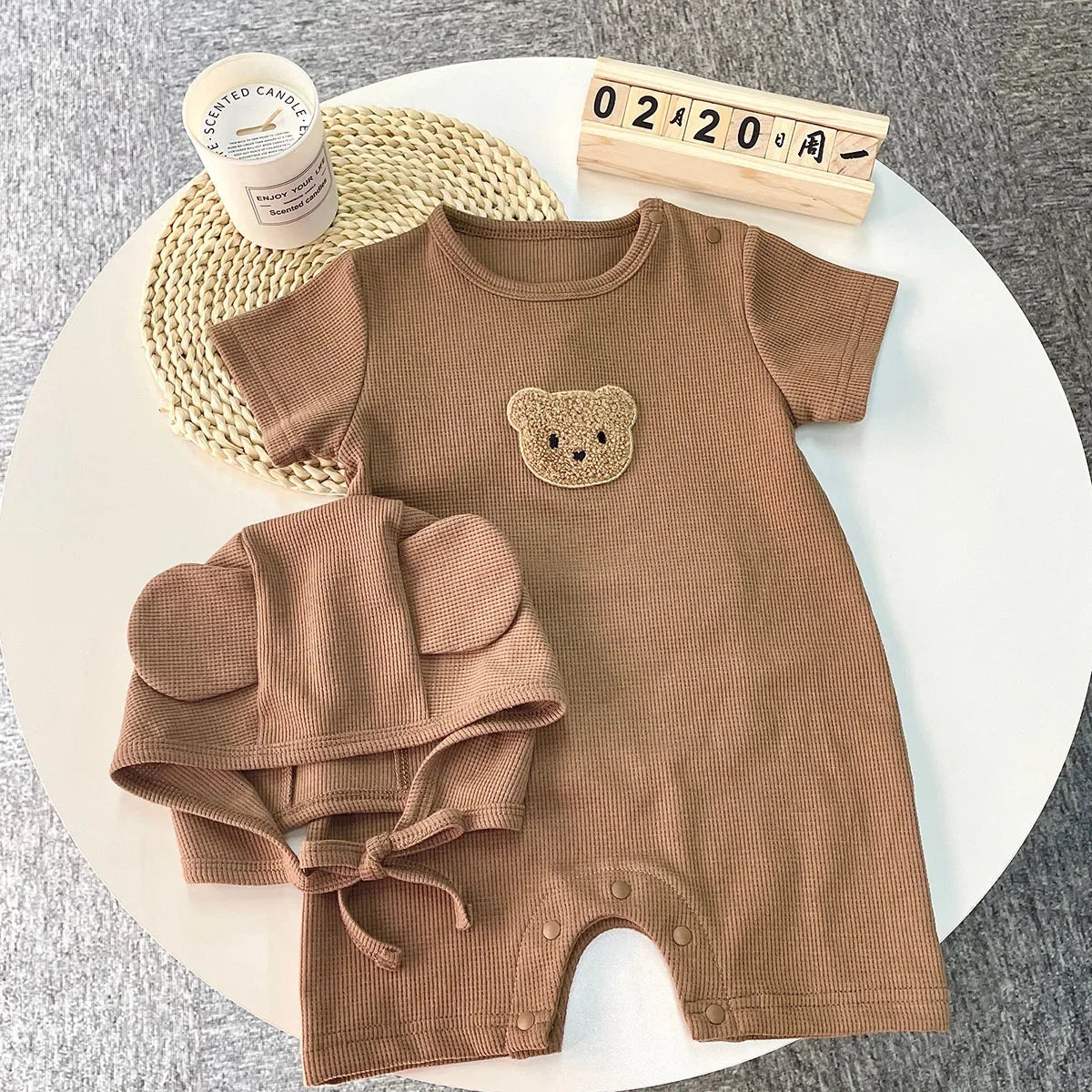 Cotton Romper Gift Hat with Ear New In Summer Kids Baby Girls Boys Short Sleeve Waffle Patch Bear Infant Newborn Jumpsuits