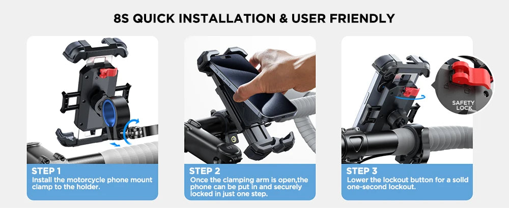 Joyroom Motorcycle Phone Mount Upgrade Bike Phone Holder Ultra-Stable Bicycle Phone Mount Handlebar Cell Phone Clamp for Scooter