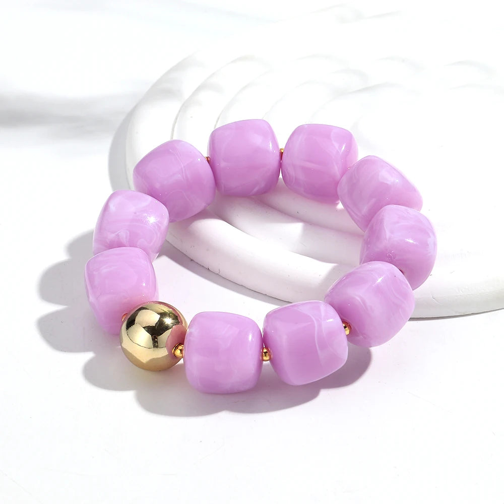 Acrylic Square Beads Elastic Bracelets for Women Boho Irregular Stone Shape Beaded Handmade Bracelet Bangle Retro Jewelry Gifts