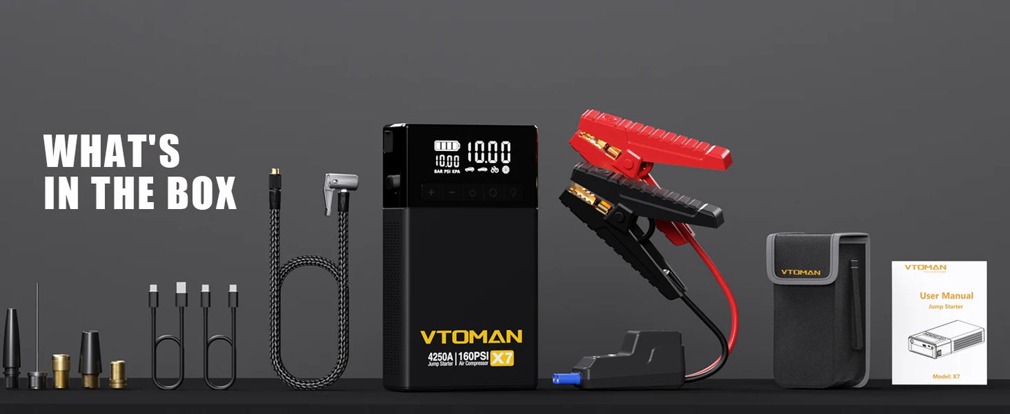 VTOMAN X7 4-in-1 Car Jump Starter 4250A - 160 PSI Air Compressor, 12V Car Battery Booster & Portable Power Bank