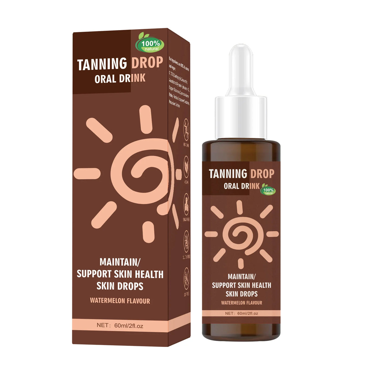 Vegan Sugar-Free Tanning Drink 60ml Natural Oral Drops Watermelon Flavor Sun-Kissed Glow Boost from Within Skin Care