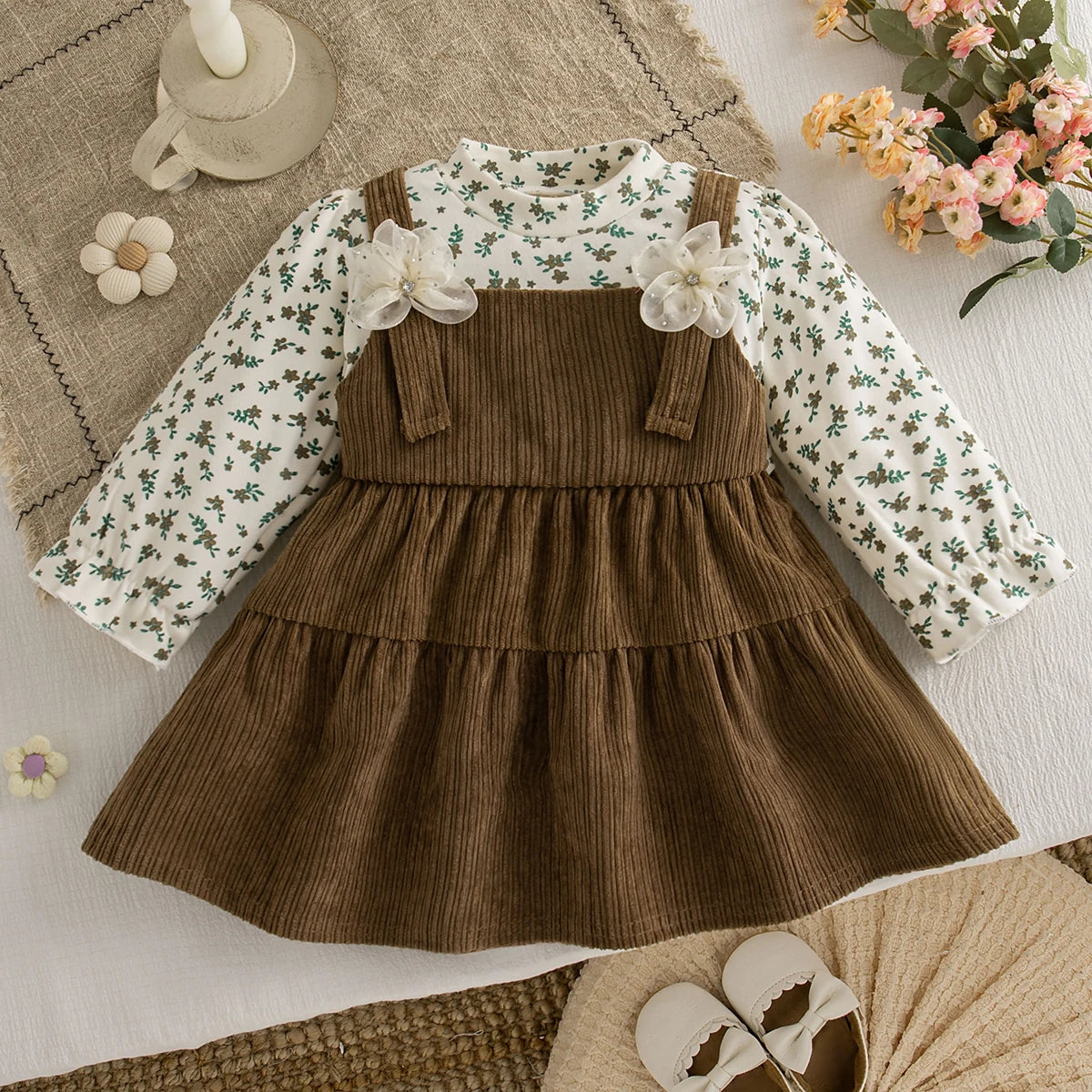 Retro Floral Print Toddler Baby Dress Long Sleeve Casual Outfit Baby Girls Daily Play Clothes Comfortable Baby Wear