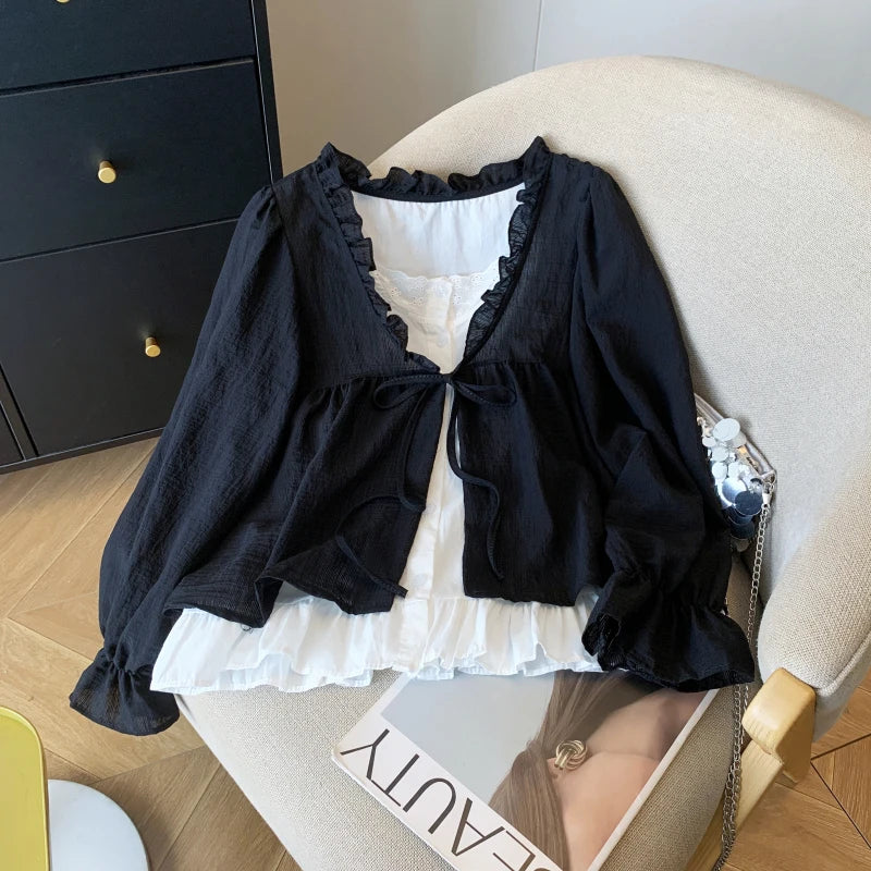 Korean Casual Sweet Fungus Lace Collar Women's Shirt Top Autumn New Women Fashion Fake Two-Piece Lace Up Long Sleeved Shirt