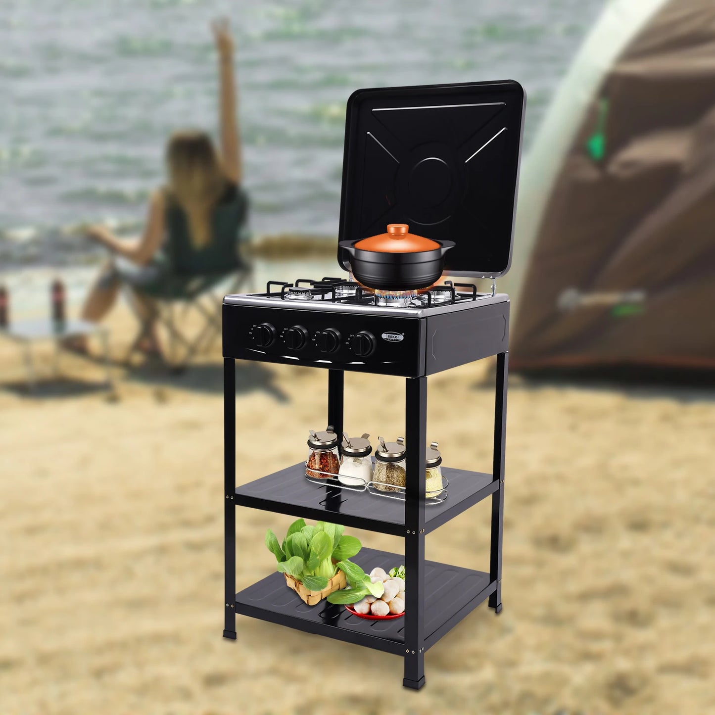 Natural Gas Stove w/ 4 Burners, Classic Appearance NG/LPG Gas Stove, Wind-resist Indoor Outdoor Cooking Tool, Gas Cooktop