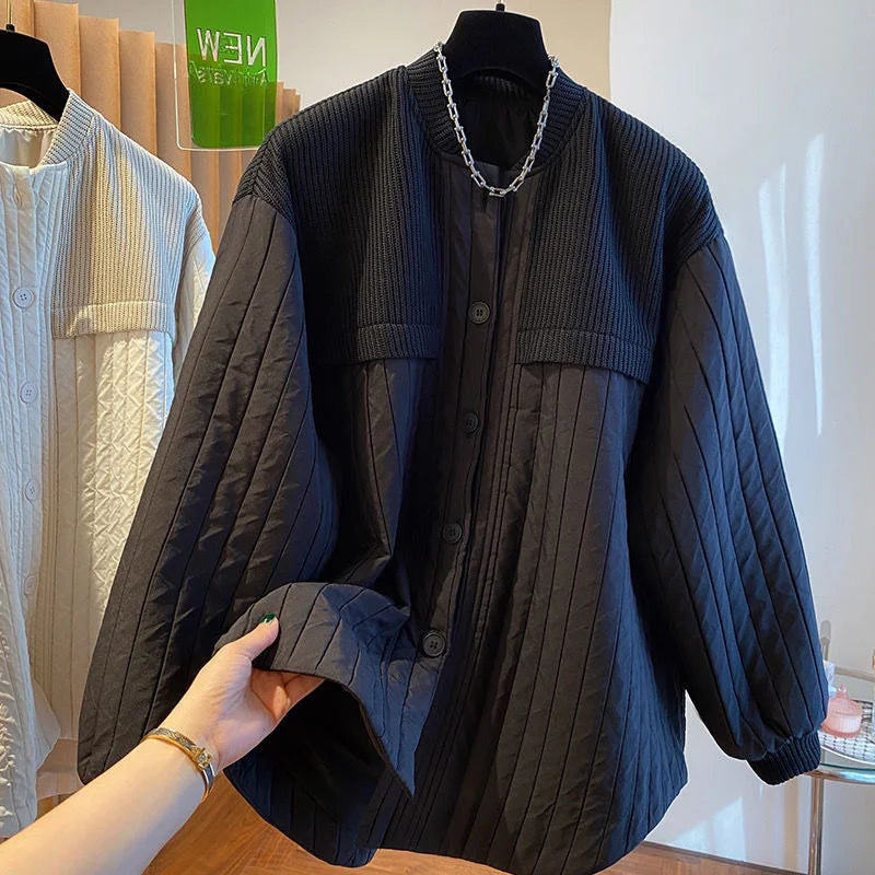 Women Autumn Advanced Design Sense, Niche Loose Casual Knit Stitching, Striped Cotton Coat Winter Light Thin Small Cotton Jacket