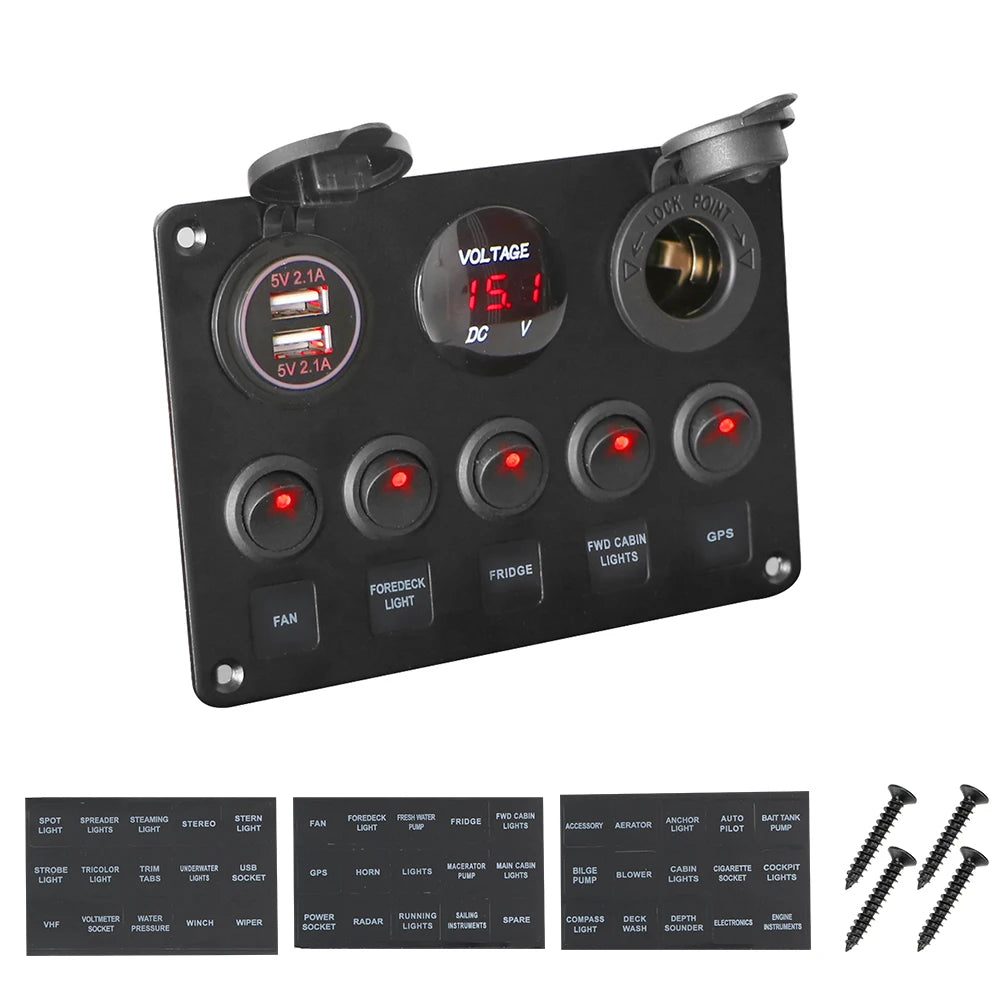 LEEPEE 5 Gang 12V Waterproof Intergrated Switch Panel Digital Voltmeter Dual USB Port For Boat Car Marine LED Rocker Accessories