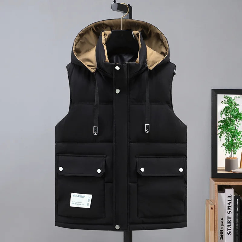 2024 Autumn Winter Men Thicken Cotton Waistcoat Sleeveless Vests Jackets Warm Detachable Hat Outerwear Male Zipper Hooded Coats