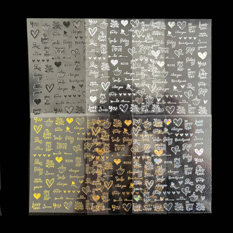 6Pcs/Pack Laser Gold Silver 3D Nail Art Stickers Love Heart Letter Image Nail Decoration Ins Style Sticker DIY Foils Accessories