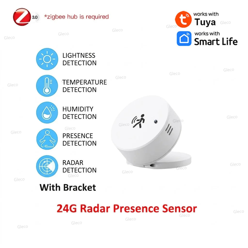 Zigbee 24G Mmwave Radar Presence Sensor Human Detector Motion/Static Detection For Tuya Z2M Smart Home Security Automation Alarm
