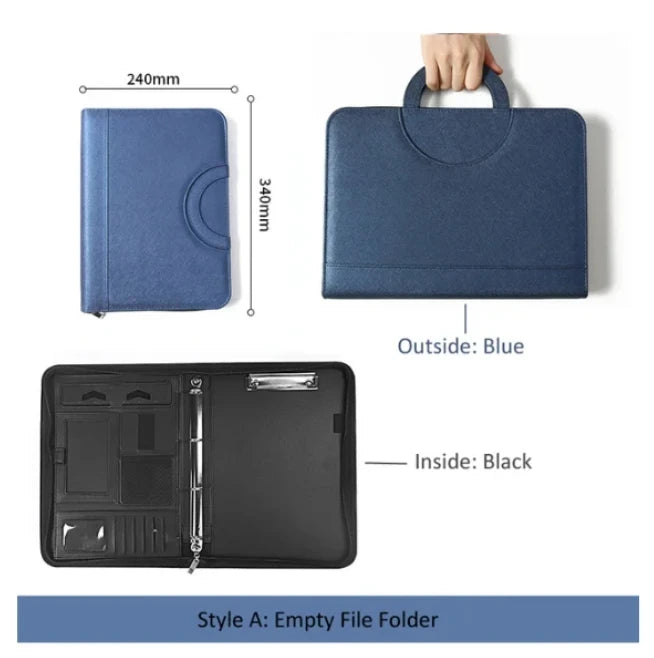 PU leather A4 zipper calculator binder conference file pad folder briefcase tablet portable circular handle file bag