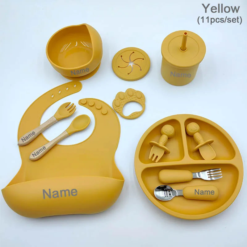 11Pcs Silicone Feeding Sets For Baby Personalized Name Children's Tableware Suction Cup Plates Bowl Spoon Feeding Cups BPA Free