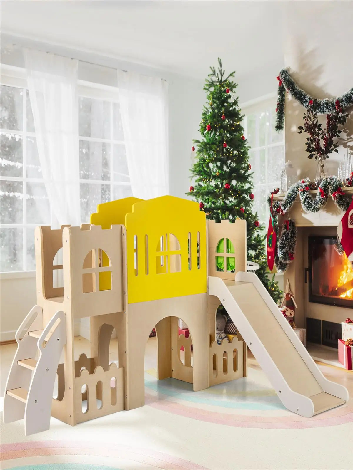 7-in-1 Children's Slide, Children's Slide with Climbing Ladder & Basketball Hoop & Tunnel, Indoor Climbing Frame