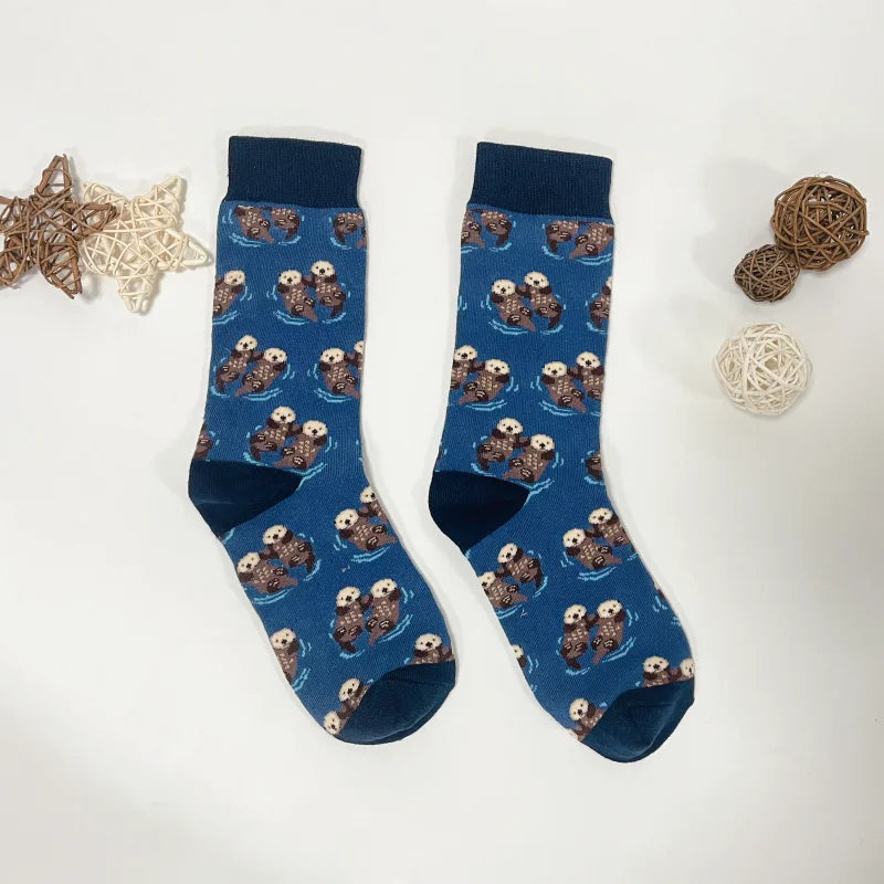 1 Pair Comfy Novelty Cute Brothers Otter Swimming Mid-Calf Men's Socks Suit In All Seasons