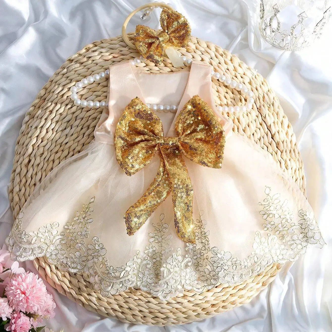 2pcs Newborn Photography Clothing Set Baby Girls' Princess Embroidered Mesh Dress Bowknot Lace Princess Skirt For Photo Shoot