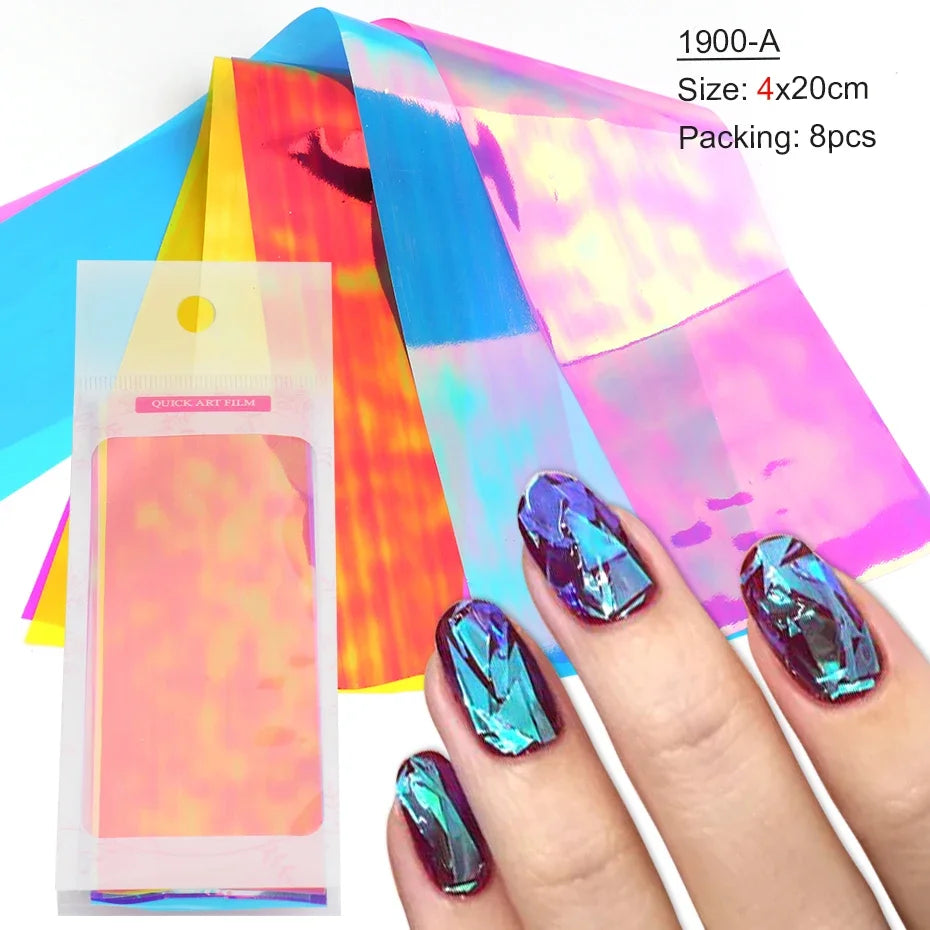 8/10pcs Holographic Aurora Film Nail Glass Foil Sparkly Ice Cube Transfer Paper Cellophane Sliders DIY Full Cover Manicure Wraps