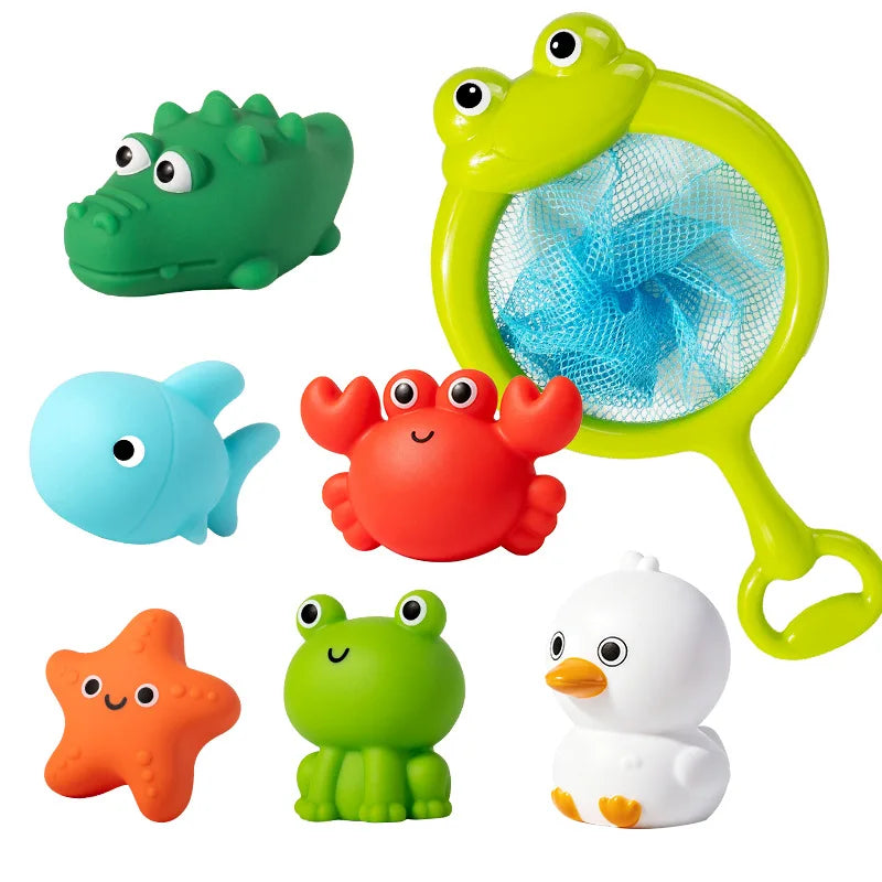 Frog Net Fishing Bath Toy Baby Floating Turtle Animal Squeeze Squeaky Pool Summer Splashing Water Toy Gift