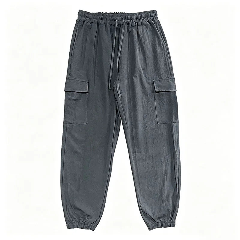 Men's Cotton Linen Blend Cargo Jogger Pants Elastic Waist Drawstring Multi Pockets Casual Breathable Streetwear Trousers for Men
