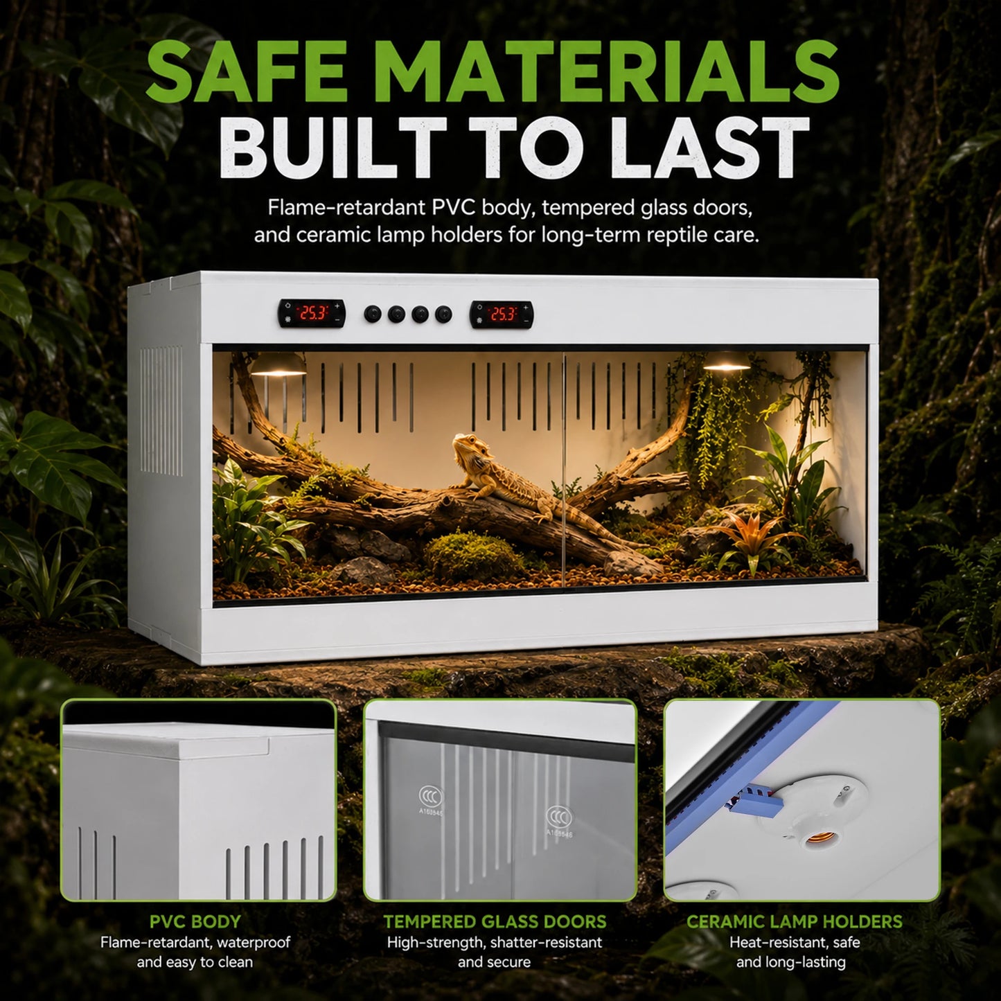 PVC Reptile Enclosure with Tempered Glass, Stackable Bearded Dragon Tank – Heavy Duty Terrarium for Amphibians, Reptilians, Arachnids
