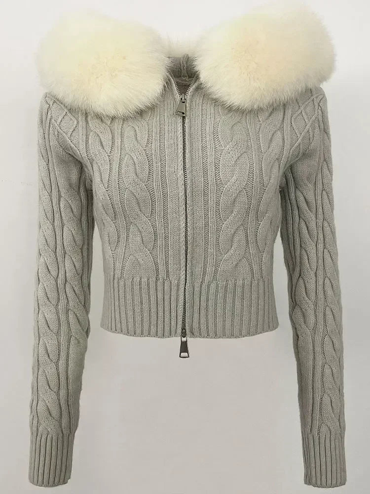 Fashion Natural Fox Fur Collar with Knitted Sweater Women Casual Sweater 2025 New Spring Autumn Slim Fit Elastic Oversized Coat